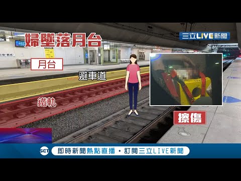 差一點就發生令人遺憾的事! 婦人重心不穩跌落月台又剛好遇到列車進站... 機警躲"避車道"才驚險逃過一劫│記者 何正鳳 邱紹揚│【LIVE大現場】20220205│三立新聞台