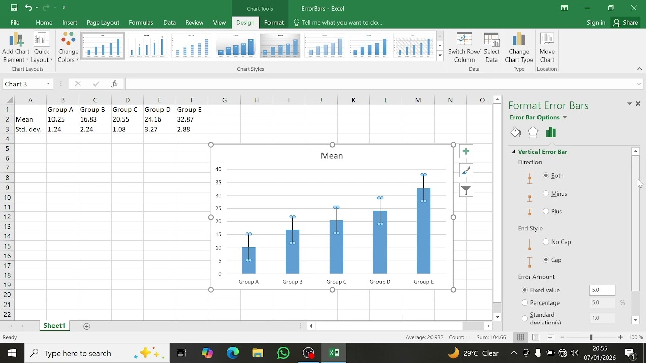 Tutorial on barchart with error bars using Excel