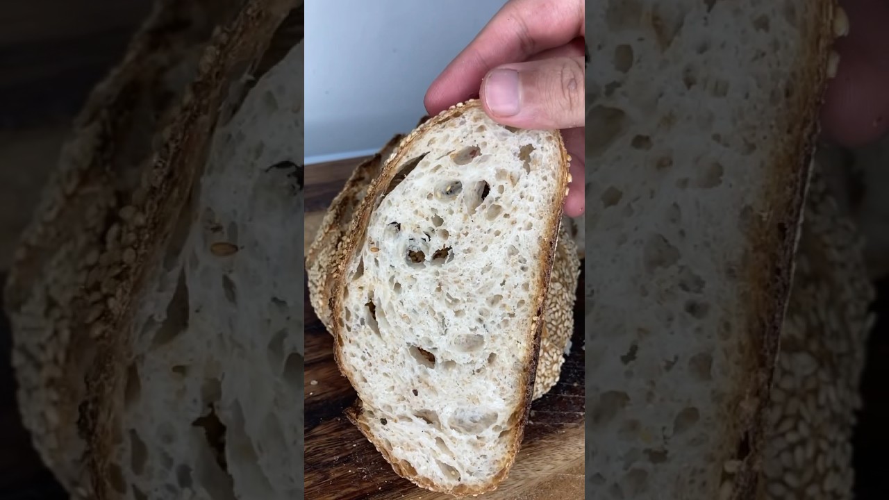 Asmr cutting sesame seeds sourdough bread