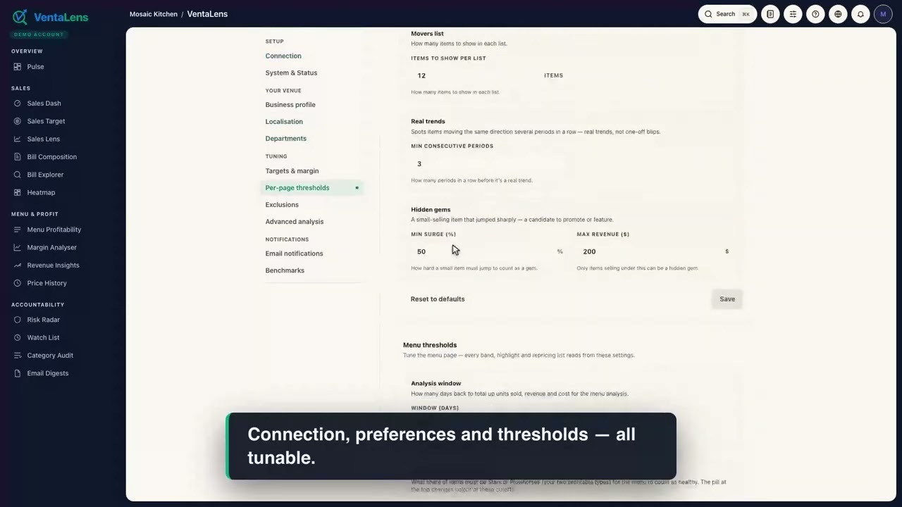 Settings — tunable thresholds