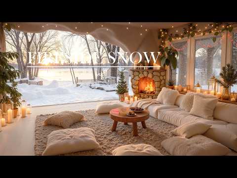 Valentine Winter Jazz Escape Fireside Snow Cabin At Sunset Soft Candlelight Romantic Lake Glow 