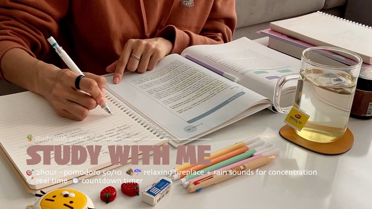 2HR STUDY WITH MEㅣpomodoro 50/10ㅣfireplace + rain soundsㅣwith alarm + timer