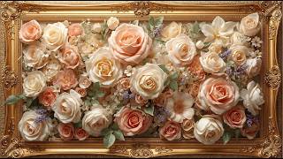 Luxury Pink & Snow White Roses 🌹 | Elegant Floral Art as Golden Frame TV Wallpaper 4K screenshot 1
