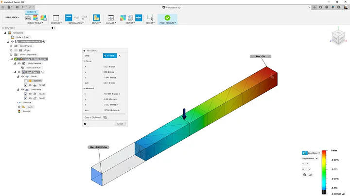 Autodesk Fusion 360 Validation 8 - Beam Guided at One End, Fixed at the Opposite End, Center Loaded
