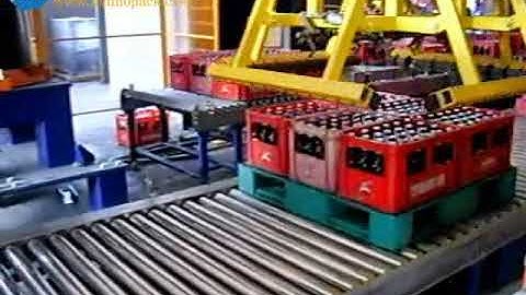 Hennopack empty pallet dispenser combine with kuka robotic palletizer for Plastic baskets beer