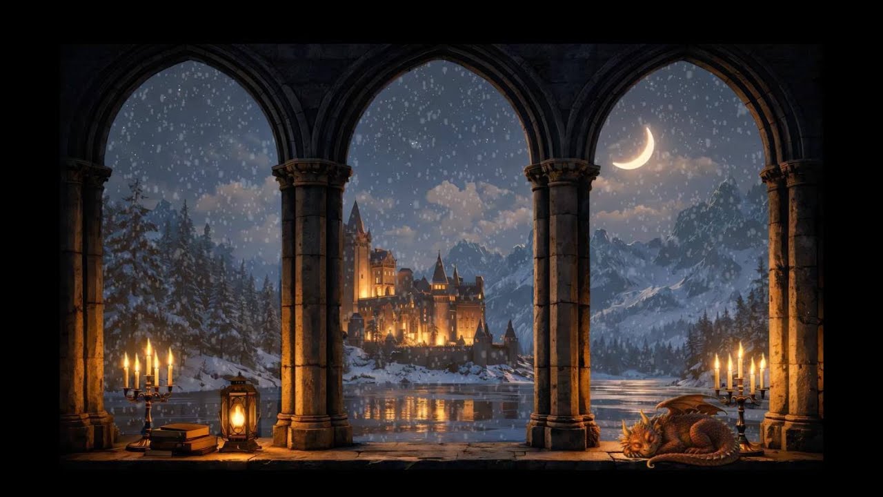 🏰 Gothic Castle Winter Ambience – Peaceful Medieval Window View & Relaxing Music for Study & Sleep
