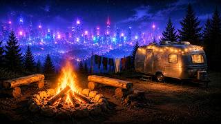 Cozy Campsite Overlooking a Neon City | Campfire & Nature Sounds for Sleep & Relaxation | 4 Hours