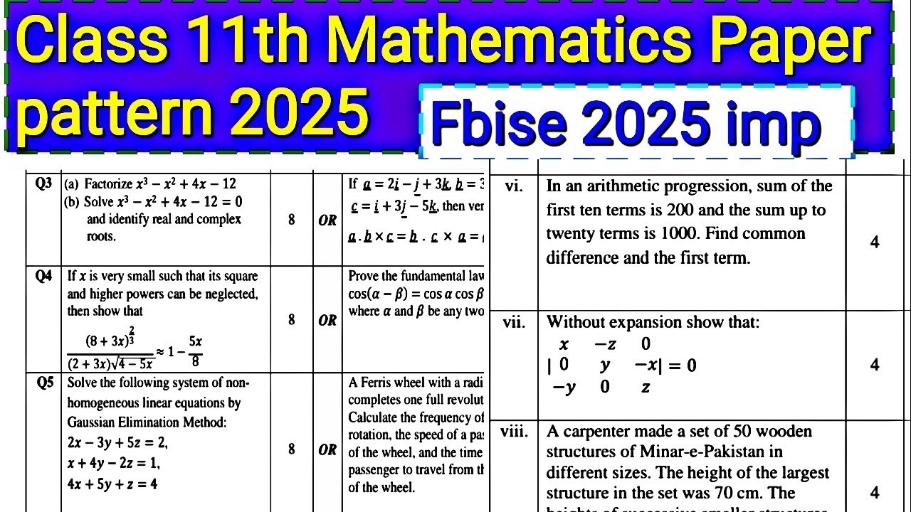 Class 11th mathematics paper pattern 2025 | 1st year math important questions | Fbise 2025