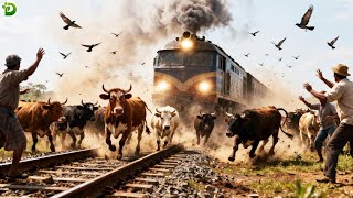 Unbelievable Accident! Shocking Footage: Train Collides With Dozens of Cows on the Tracks!