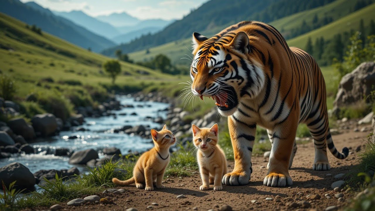 tiger, kittens, wildlife, nature, river, mountains, digital art surreal, animal family