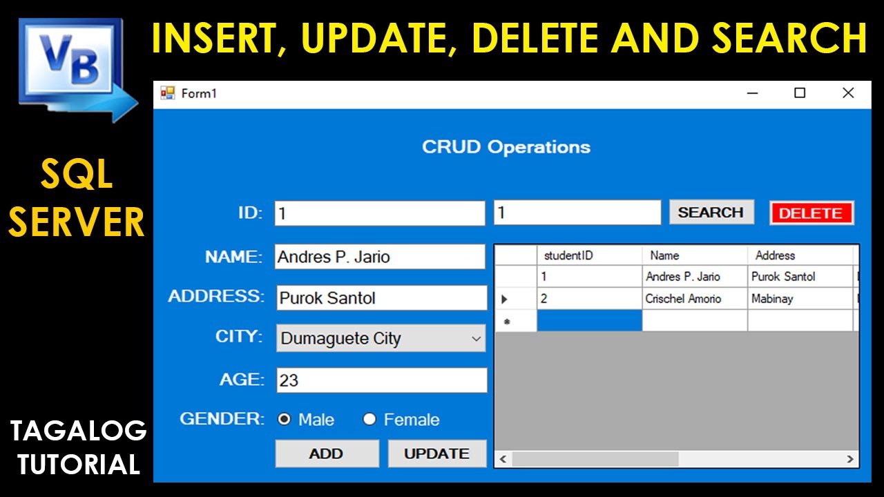 โค้ด sql  Update New  VB.Net with SQL Server. Insert, Update, Delete, Search (CRUD) in VB.Net with SQL Server. Source Code