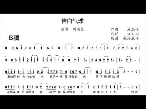 告白氣球(B調)周杰倫_原曲伴奏＋簡譜