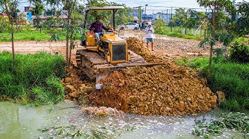 Perfectly New Project! Landfill Delete Flooded Pond by Skill Bulldozer Pushing Stone with Dump Truck