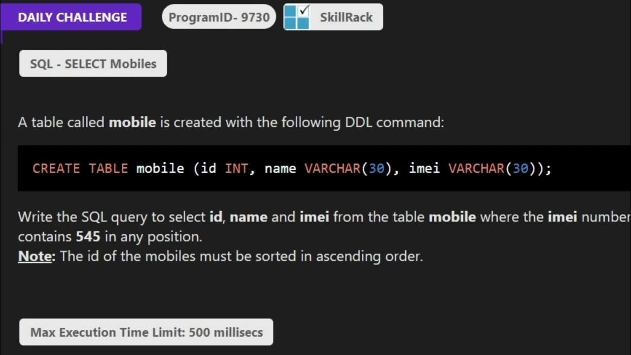 SkillRack - Daily Challenge - SQL - SELECT Mobiles (Program Id: 9730 ...