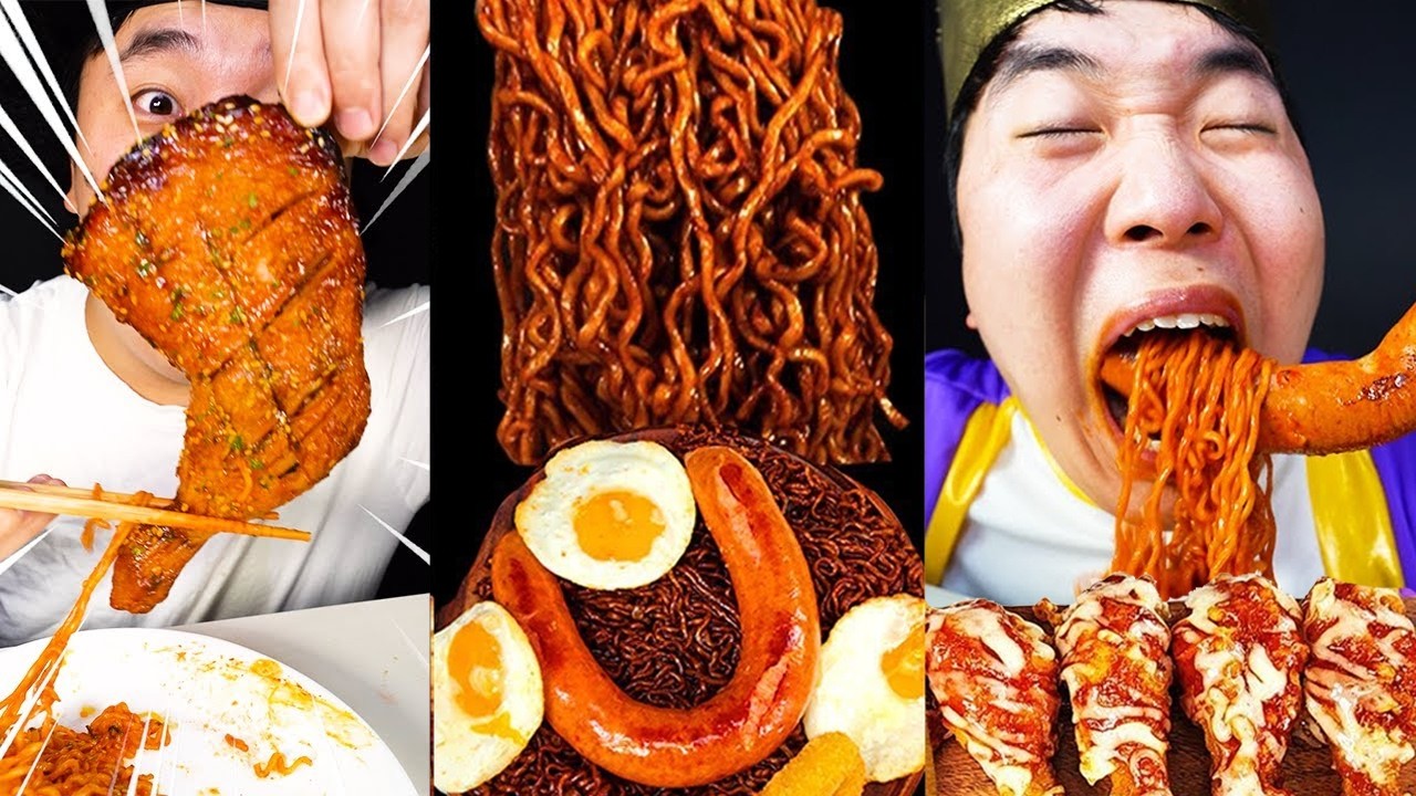 ASMR MUKBANG| жареная курица и огненная лапша HUBAO