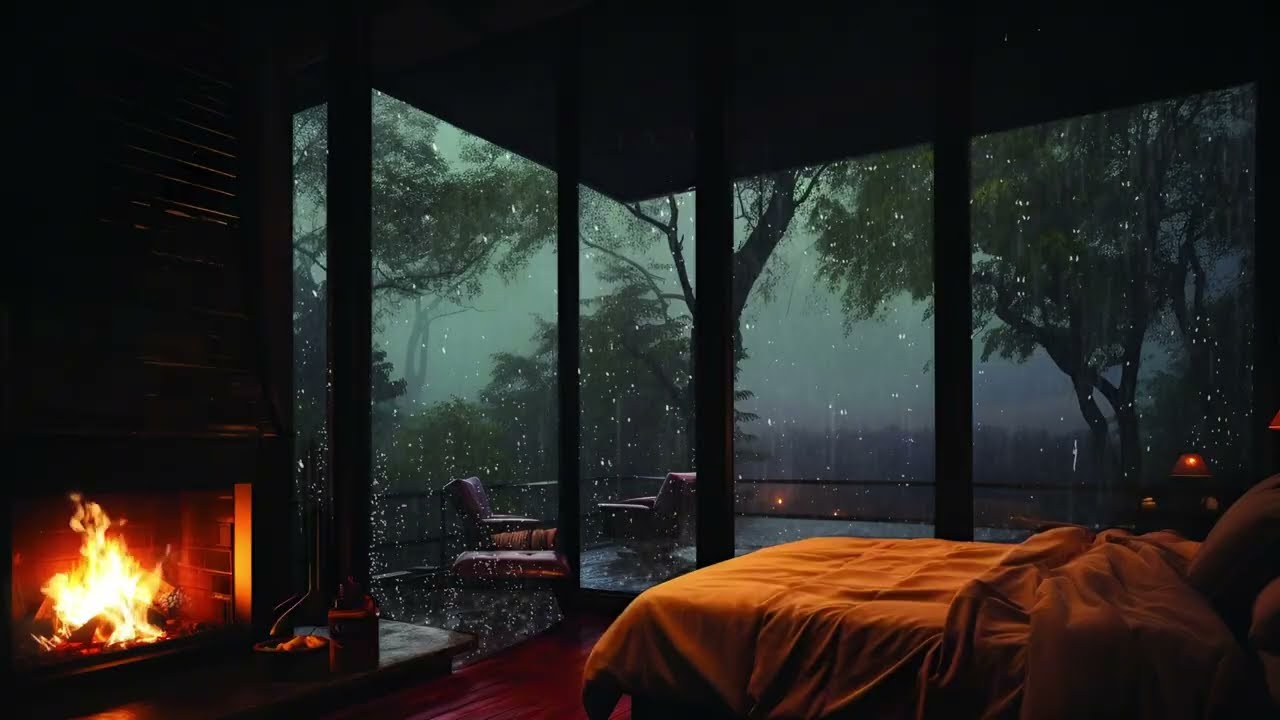 Rainy Night Inside a Cozy Cabin 🌙 Crackling Fireplace & Relaxing Rain Ambience, Study, Sleep, Relax.