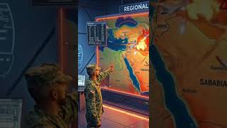 Middle East map with drones and missiles flying across Radar screens blink and warning flash.