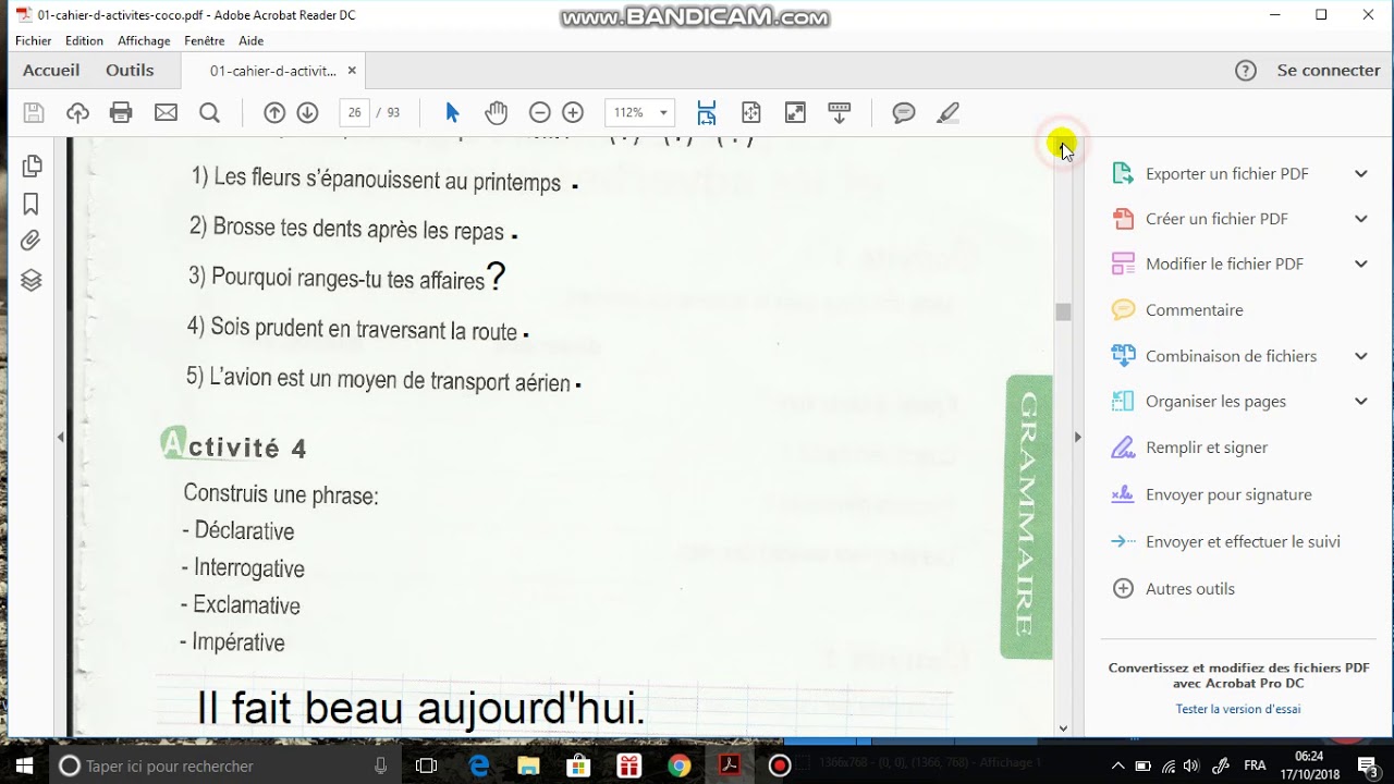 PAGE 28 CAHIER D'activité de francais 5ap ..les types de phrases