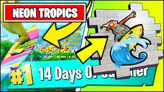Score Trick Points With A Driftboard Locations Neon Tropics Fortnite 14 Days Of Summer Best Reward