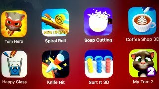 Tom Hero,Spiral Roll,Soap Cutting,Coffee Shop 3D,Happy Glass,Knife Hit,Sort It 3D,My Tom 2 screenshot 2