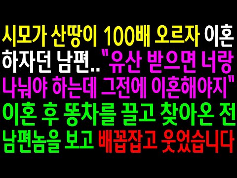 (실화사연)시모가 산 땅이 100배 오르자 이혼하자던 남편..이혼 후 똥차를 끌고 찾아온 전 남편놈을 보고 배꼽잡고 웃었습니다[신청사연][사이다썰][사연라디오]