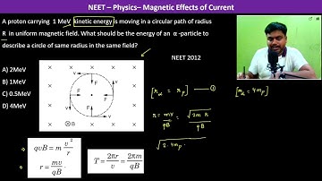A proton carrying  1 MeV  kinetic energy is moving in a circular path of radius  R  in uniform