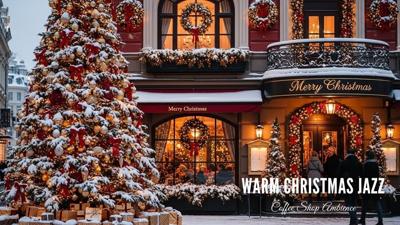 🔴Soft Winter Jazz Music & Snowfall for Studying ⛄ Outdoor Coffee Shop Ambience with Warm Jazz Music