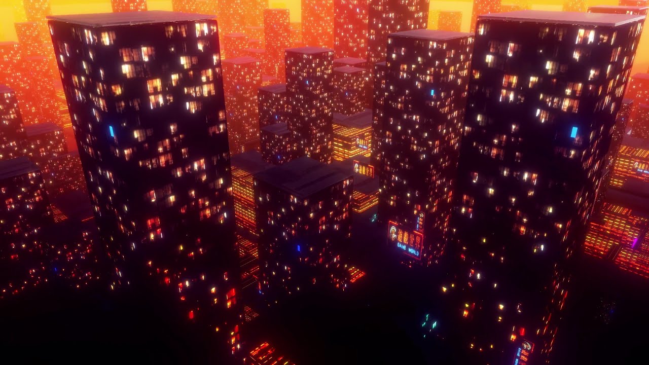 1 Hour Flying over Night city, 4K relaxing city background Synth city