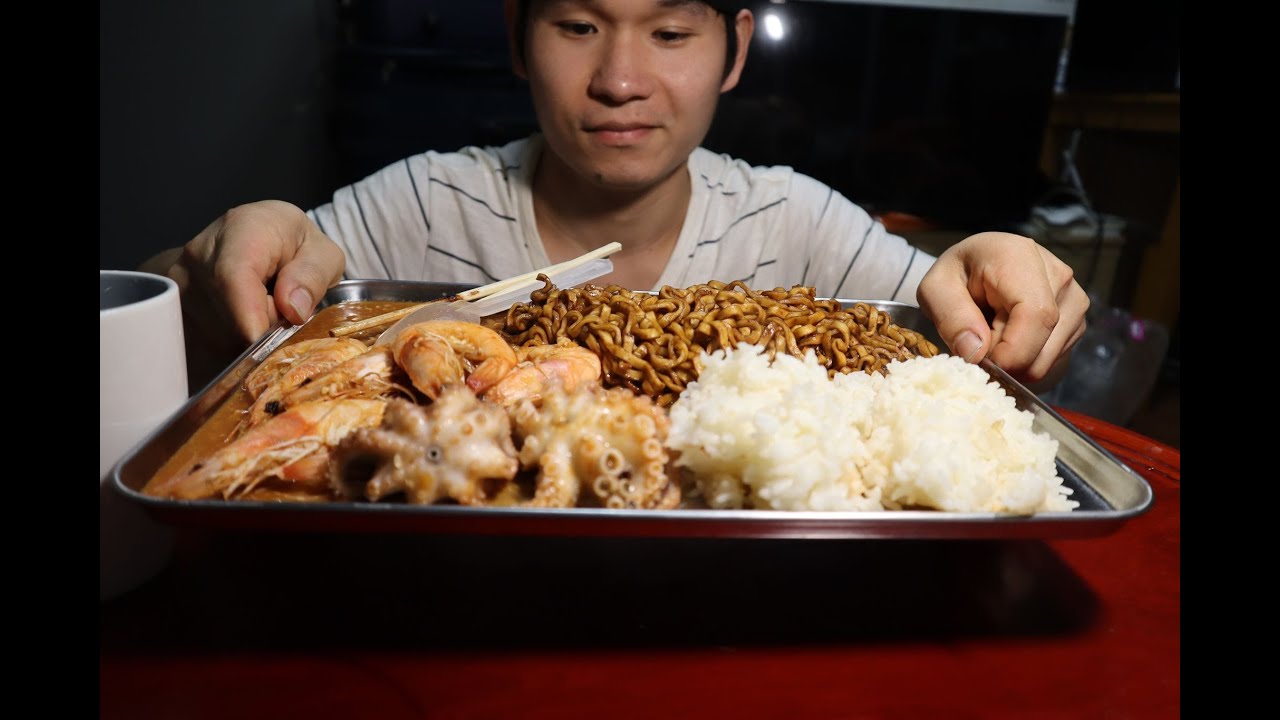 ASMR MUKBANG Jjajang.Shrimp.octopus Eating sound