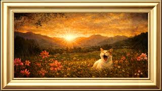 Cat Yawning at Sunrise in  Wildflowers | 4K Screensaver| TV Frame  Oil Painting Impressionism Art screenshot 3