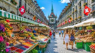 SUMMER Organic Farmers Market in BERN Walking Tour in Switzerland 4K