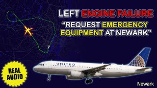 Left engine failure. United Airbus 320 returns to Newark for emergency landing. Real ATC