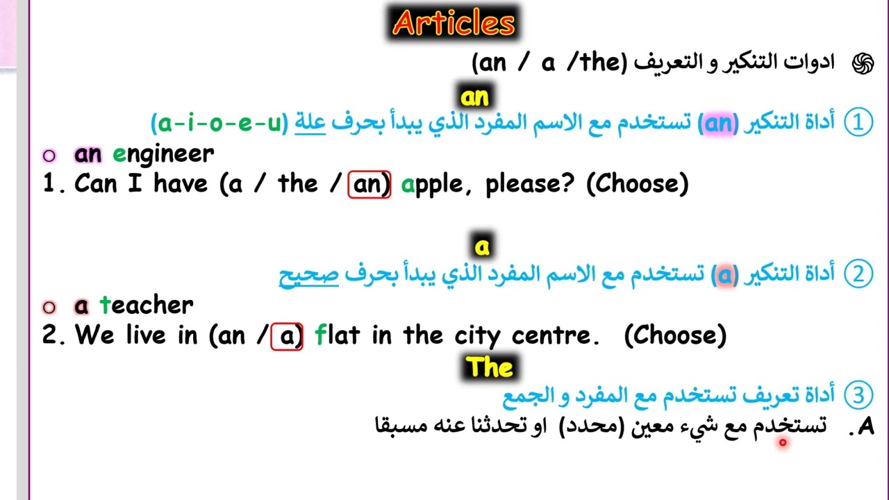 صفحة 69 انكليزي ثالث متوسط ادوات التنكير و التعريف 2024