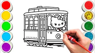 Hello Kitty riding in a tram Drawing, Painting & Coloring For Kids and Toddlers_ Child Art