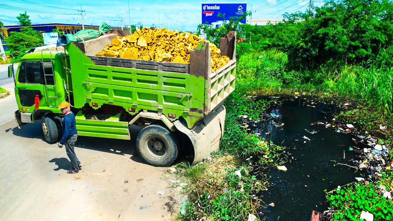 Start Wonderful New Project! Filling Land Delete Flooded Area By Dozer Pushing Soil 5ton Trucks