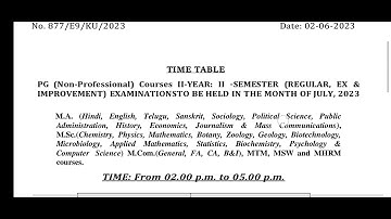 KU PG Second year second semester Exam time table July 2023 MA MSc MCom MSW