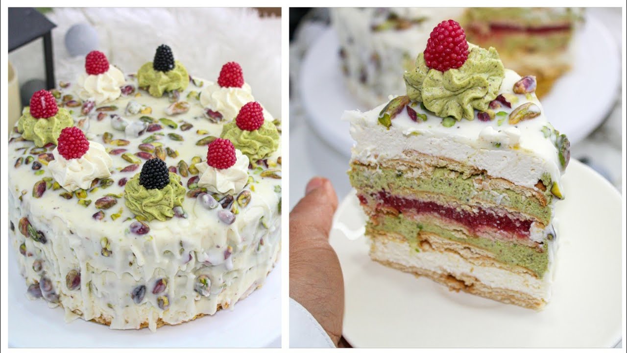 كيكة بدون فرن بكريمة الفستق،قناش شوكولا,فرولة/gâteau sans cuisson chocolat blanc pistache ,fraises
