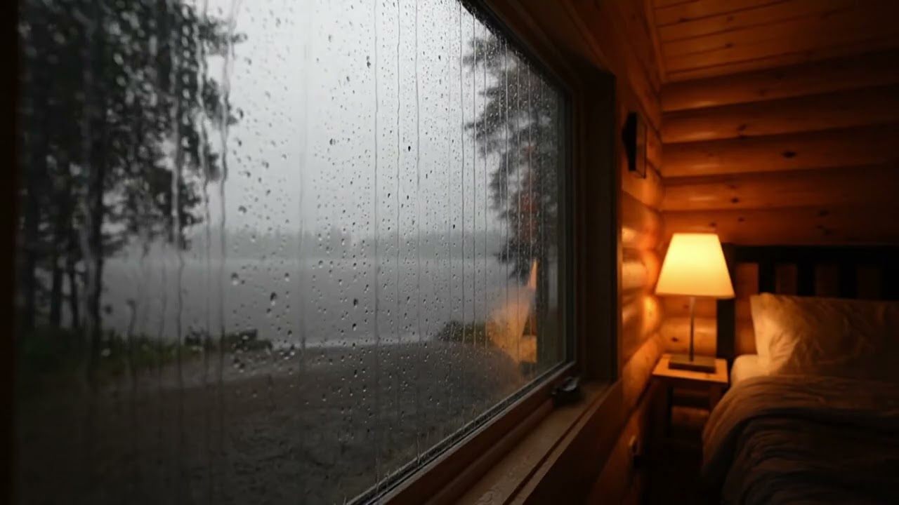 Heavy Rain on Cozy Lakeside Cabin Window for Deep Sleep and Relaxation (No Thunder, 10 Hours)