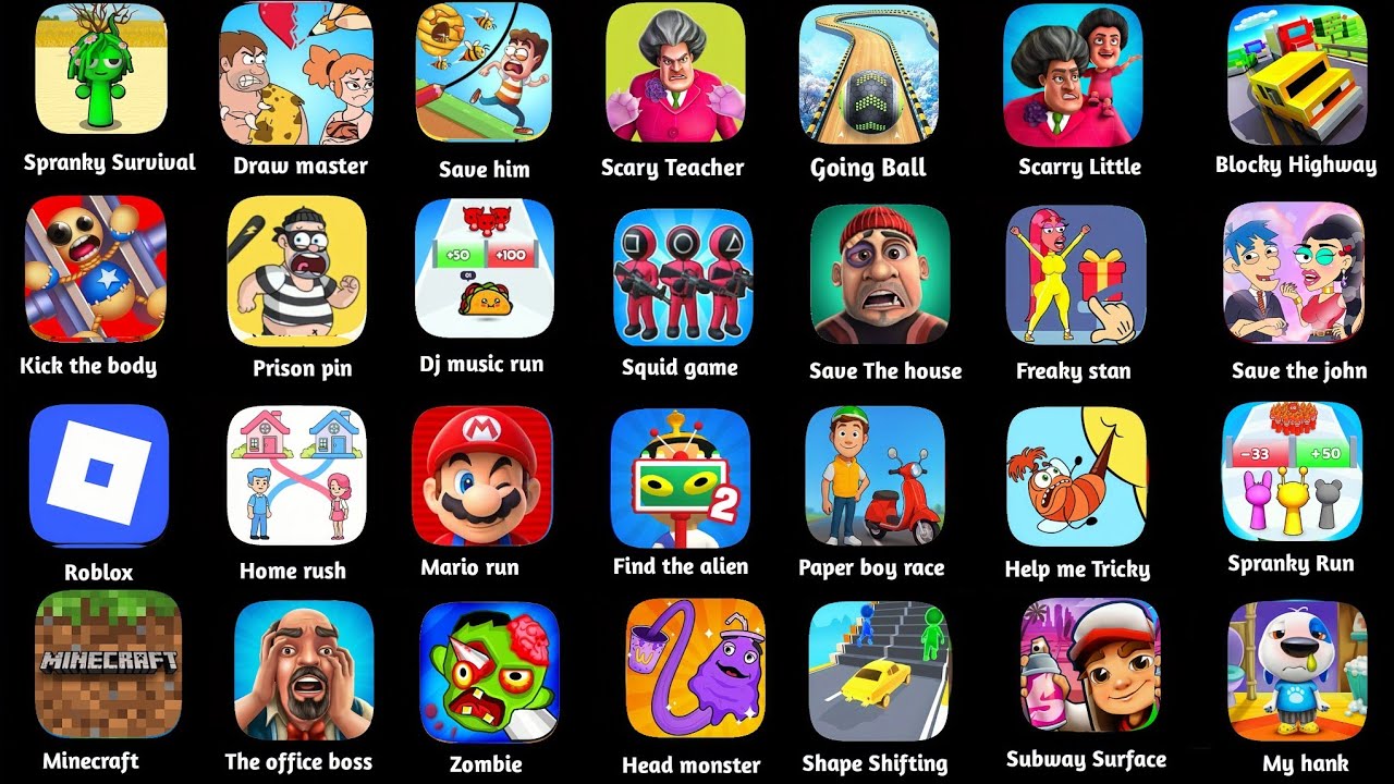 Spranky Survival,Draw Master,Sonic dash,Roblox,Red Ball 4,Scray Robber,Mario run,Race Master