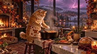 Ginger Cat in the kitchen ☕ Heavy Rain & Fireplace Ambience | Cozy Autumn Sleep Sounds screenshot 3