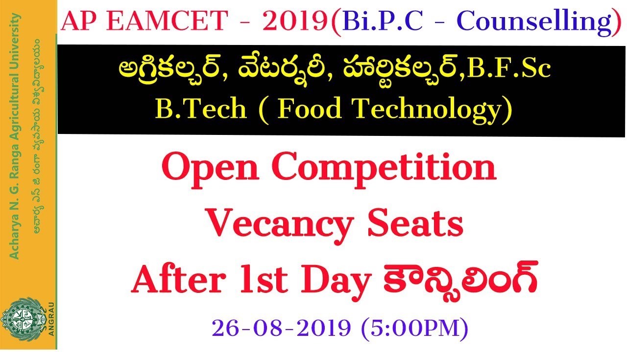ANGRAU Bipc Counselling Open Competition Seats Vacancy Position as on 26-08-2019