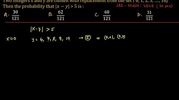 Two integers x and y are chosen with replacement from the set {0,1,2,3…,10}.Then the probability ..