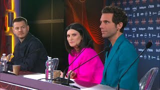 Laura Pausini, Mika, Alessandro Cattelan, conferenza Eurovision Song Contest 2022