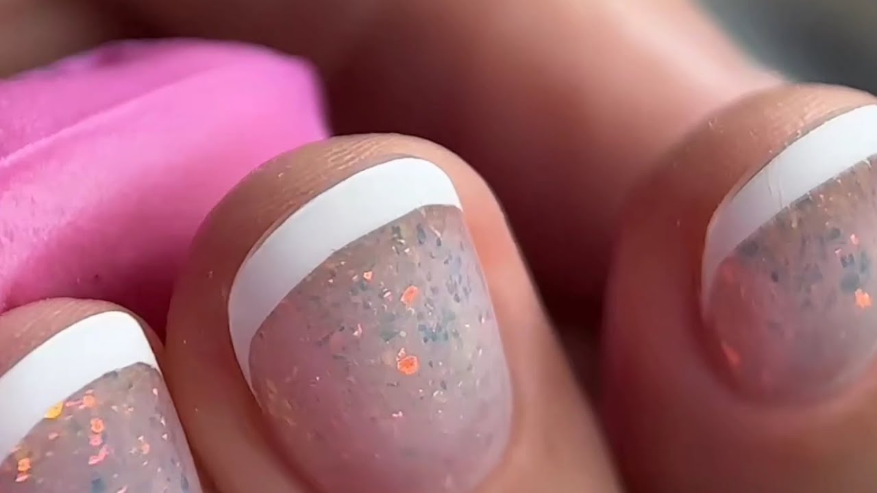 Soft Square French Manicure 💅 | Nude Glitter Base + White Tips | Full Builder Gel Process