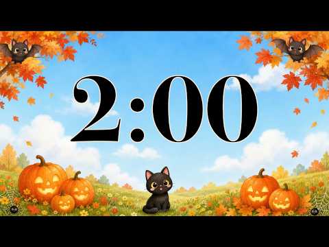 2 Minute Timer 🎃 Cute Fall Halloween Cat & Pumpkins | Happy October Music for Classroom Focus