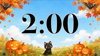 2 Minute Timer 🎃 Cute Fall Halloween Cat & Pumpkins | Happy October Music for Classroom Focus