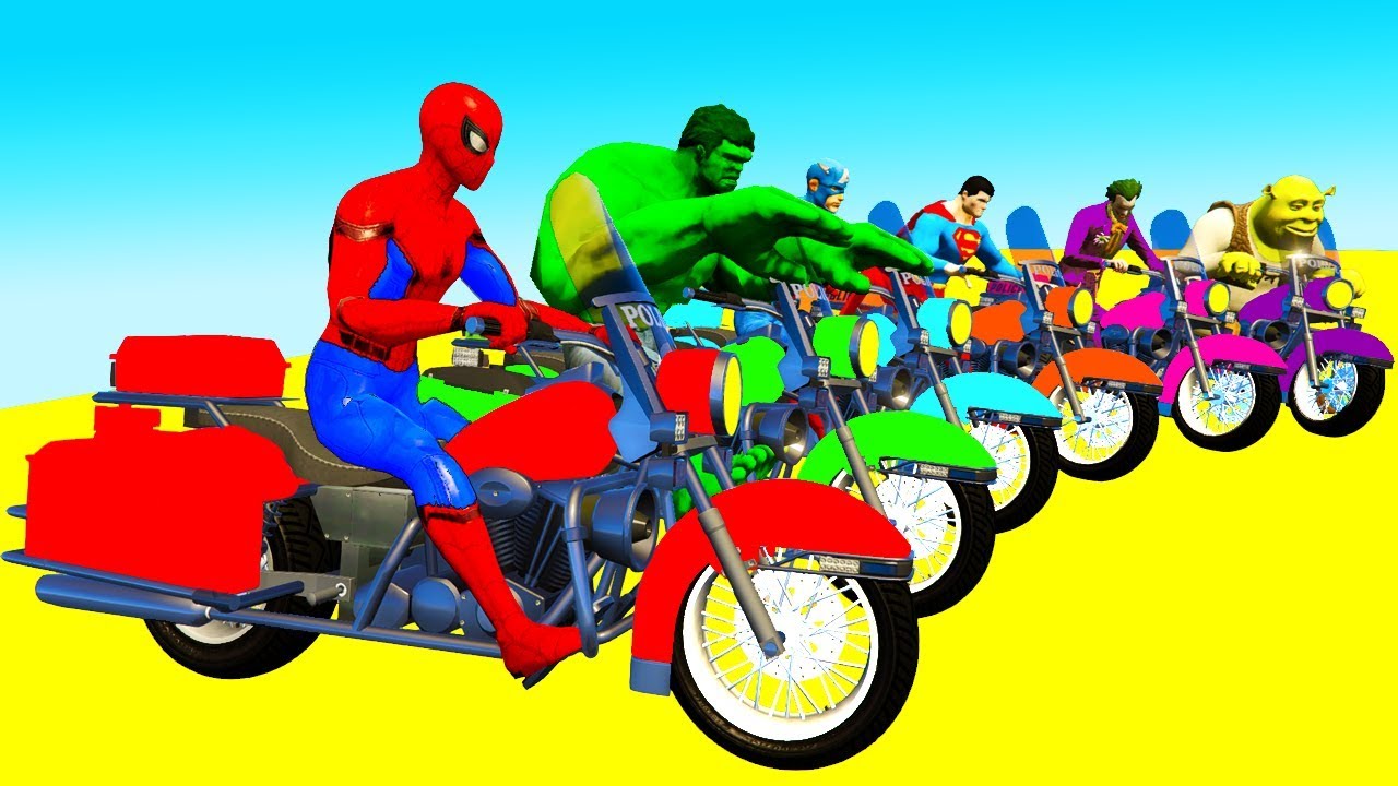 Kid Color LEARN FUN Spiderman Cartoon on Motor Bikes Police Cars Chasing  And Avengers for Children - YouTube