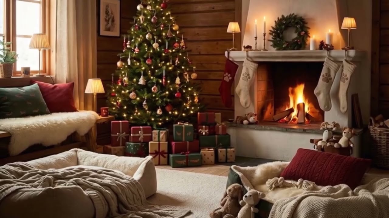 Cozy Pet Christmas Cabin Ambience 🎄🔥 Fireplace & Music