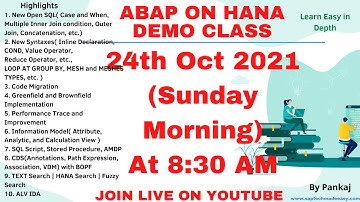 ABAP ON HANA DEMO CLASS | 24TH OCT | 8.30AM | AMDP | CDS | SQL SCRIPT | NEW OPEN SQL | NEW SYNTAXES