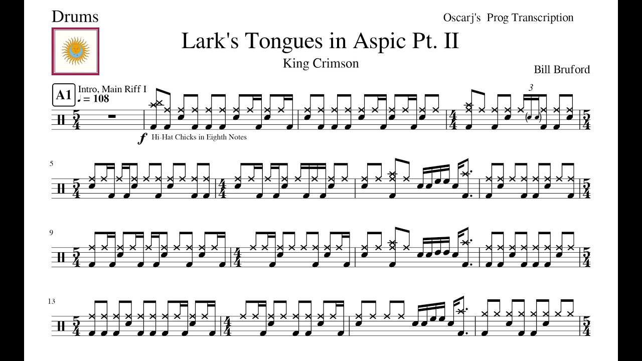 [PDT] King Crimson - Larks' Tongues in Aspic Pt. II Drum Transcription Sheet (Preview)